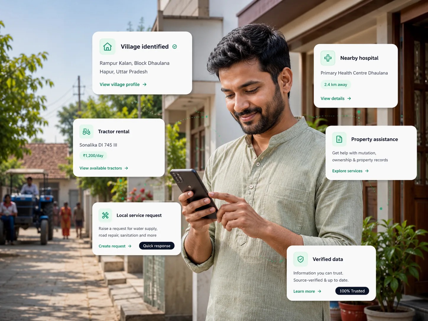 A person using IWOCAL to find verified village information and local services